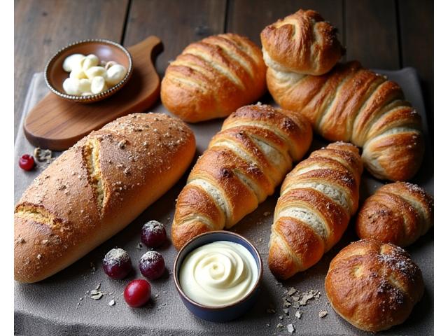 Pains artisanaux fraîchement cuits et viennoiseries dorées, disposés sur une table rustique, évoquant la boulangerie de qualité