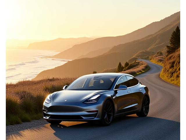 Une voiture électrique élégante garée devant un paysage montagneux ensoleillé, suggérant des voyages éco-responsables