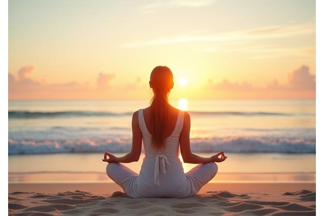 Une femme méditant sur une plage sereine au lever du soleil, symbolisant le voyage conscient.
