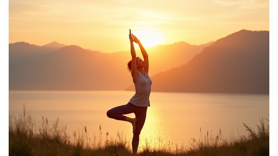 Une femme en position de yoga sérène au lever du soleil